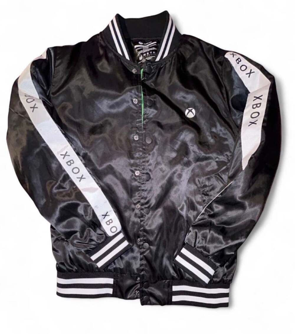 Meta Threads Xbox Tape Bomber Jacket Size Small Black Satin